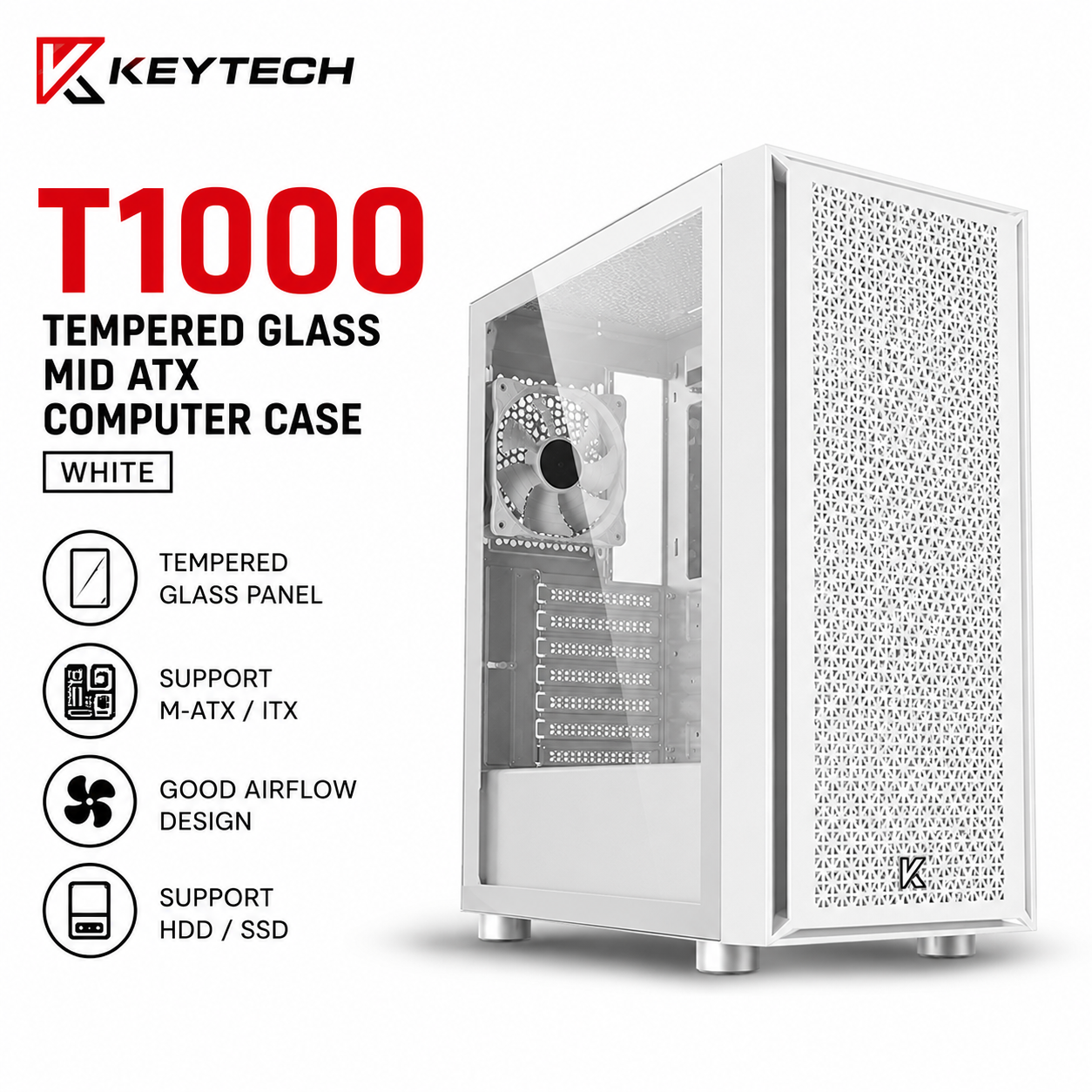 Keytech T1000 Tempered Glass Mid Atx Computer Case White (T1000-WHT)