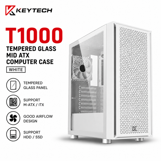 Keytech T1000 Tempered Glass Mid Atx Computer Case White (T1000-WHT)