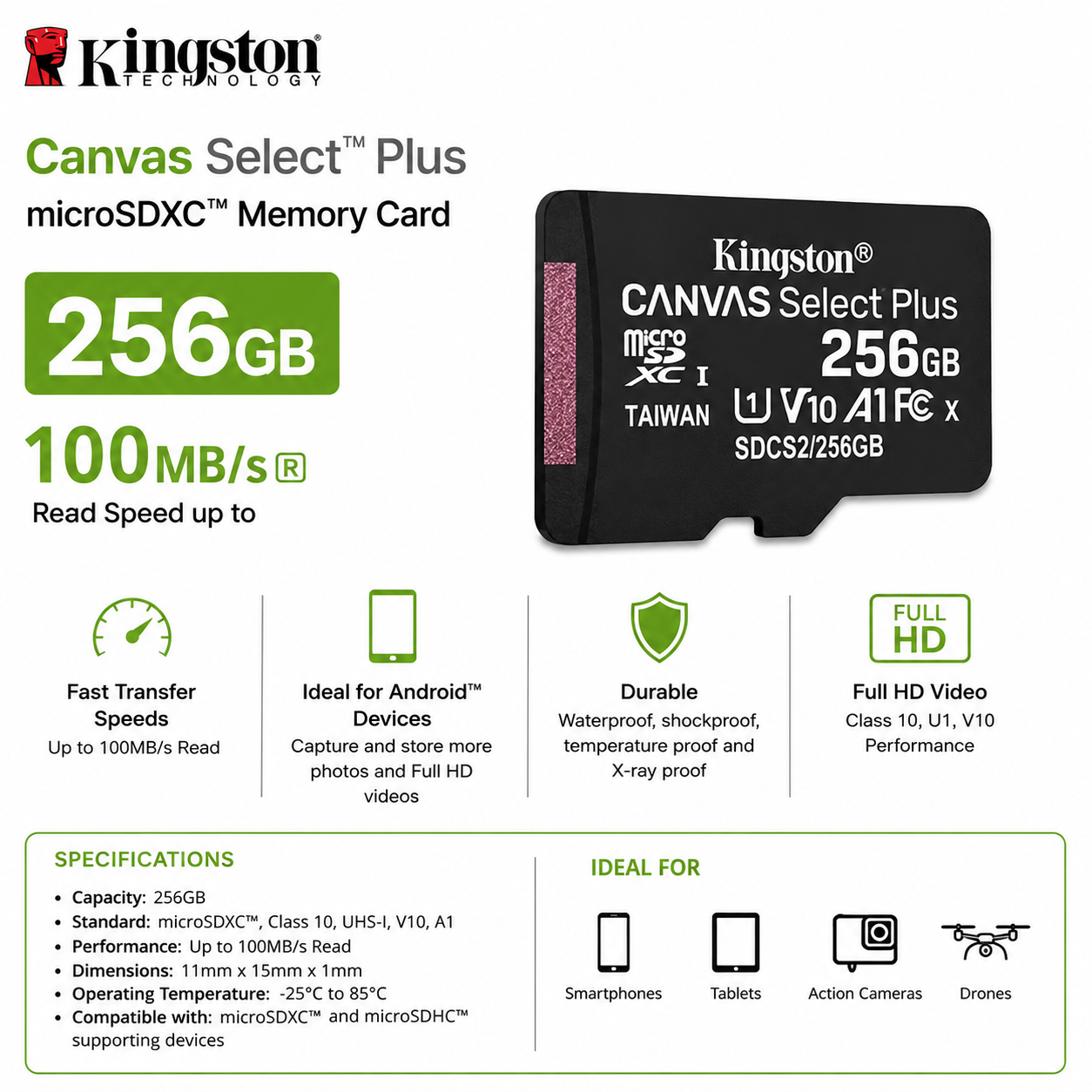 Kingston Canvas Select Plus 256GB 100MB/S Micro SD Memory Card (SDCS2/256GB)
