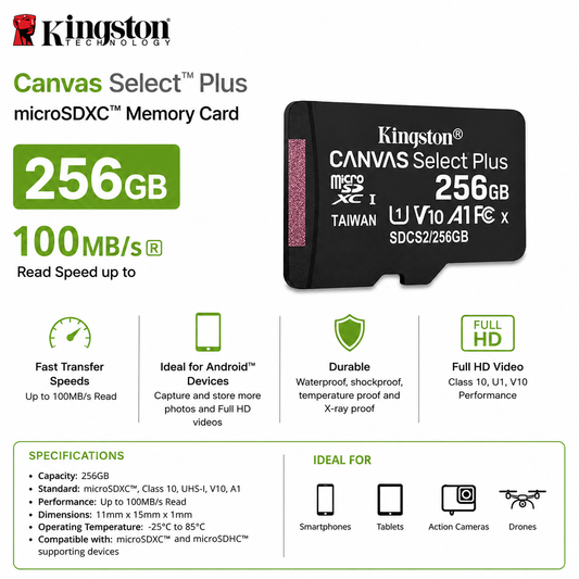 Kingston Canvas Select Plus 256GB 100MB/S Micro SD Memory Card (SDCS2/256GB)