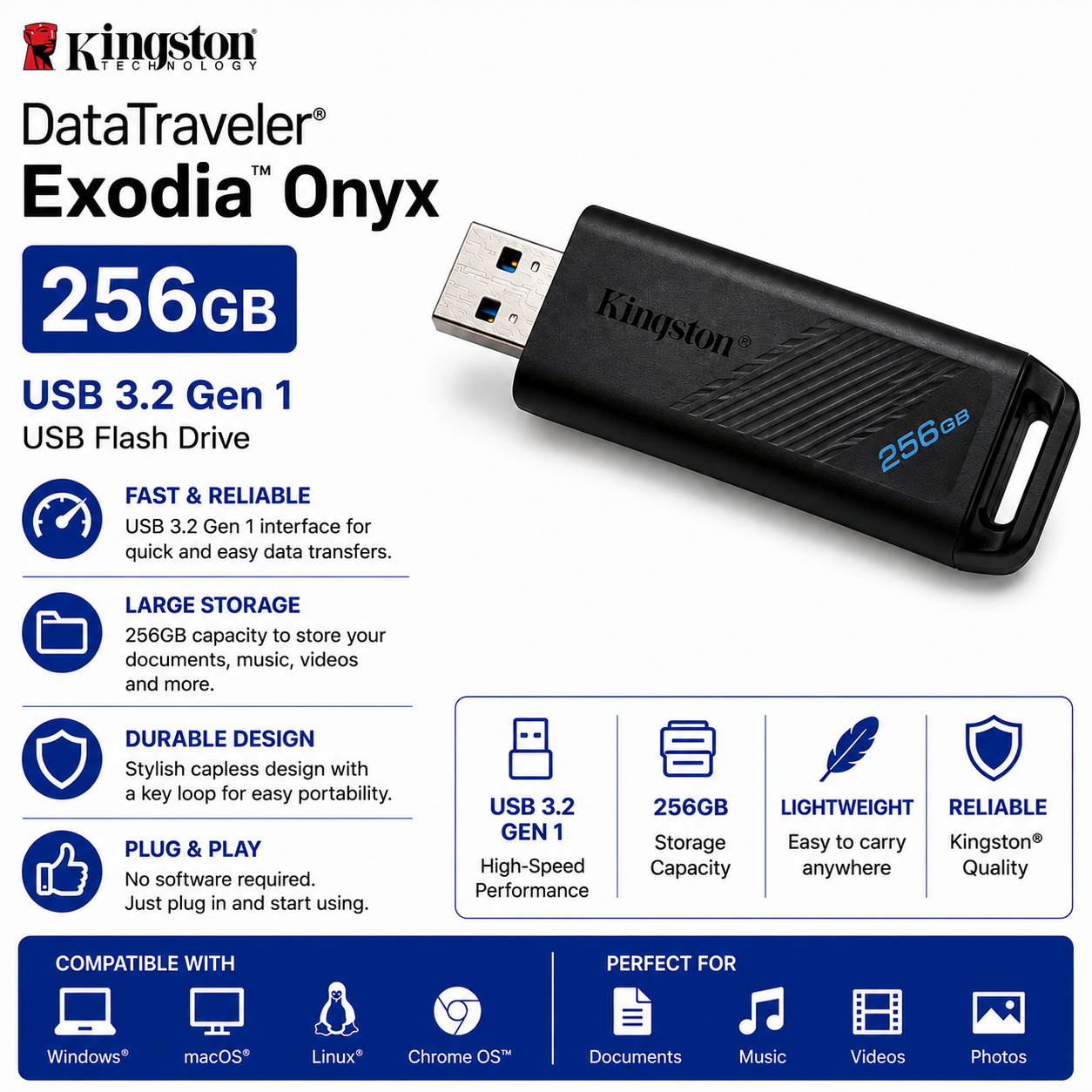 Kingston DataTraveler Exodia Onyx 256GB USB 3.2 Gen 1 USB Flash Drive (DTXON/256GB)