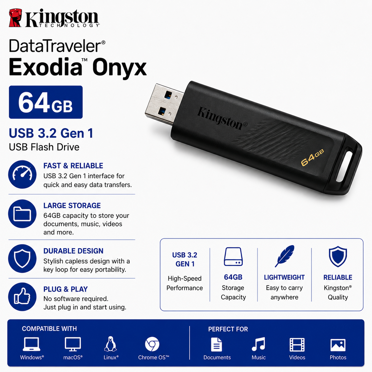 Kingston DataTraveler Exodia Onyx 64GB USB 3.2 Gen 1 USB Flash Drive (DTXON/64GB)