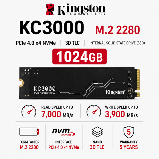 Kingston KC3000 M.2 2280 1024GB PCIe 4.0 x4 NVMe 3D TLC Internal Solid State Drive (SSD) (SKC3000S/1024G)