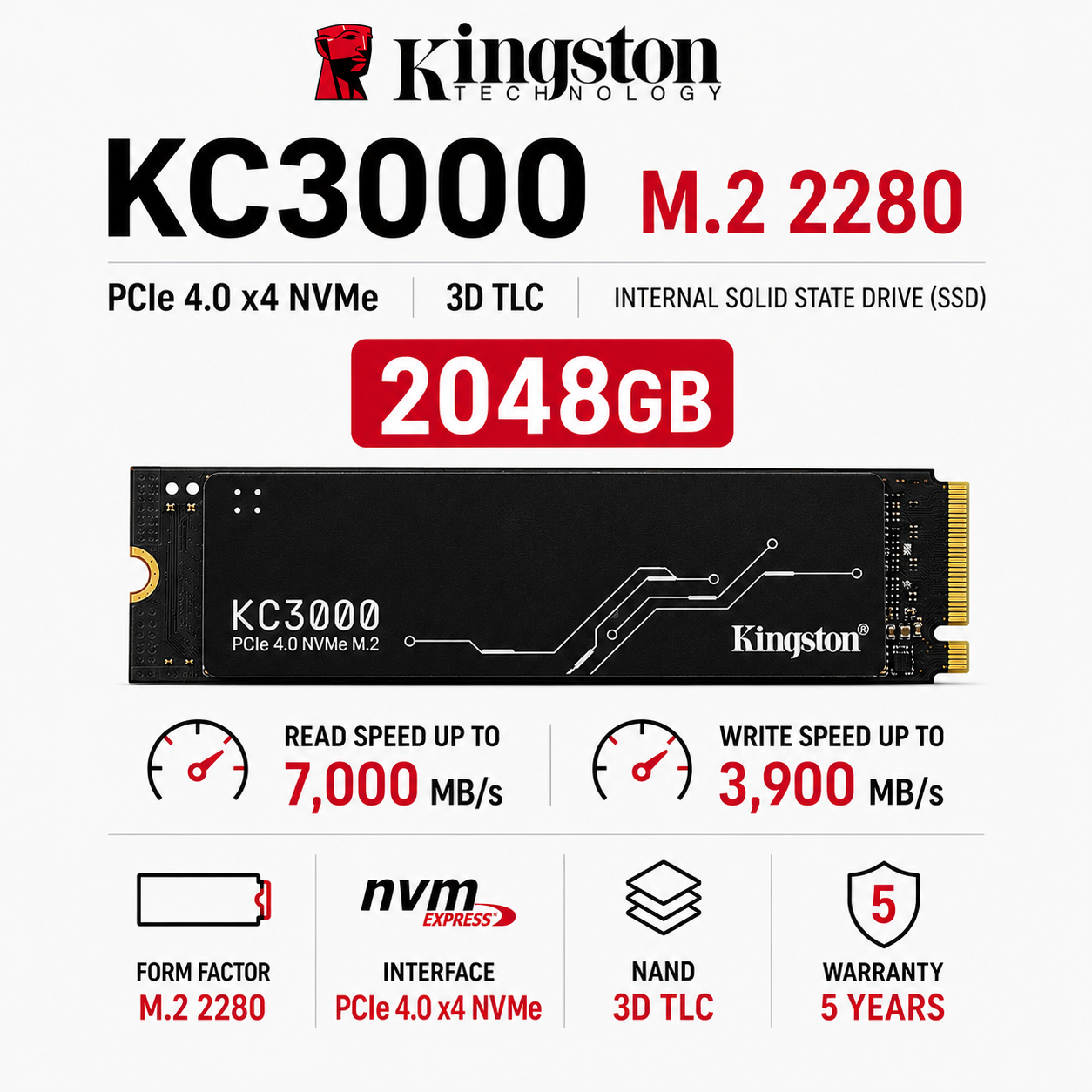 Kingston KC3000 M.2 2280 2048GB PCIe 4.0 x4 NVMe 3D TLC Internal Solid State Drive (SSD) (SKC3000D/2048G)