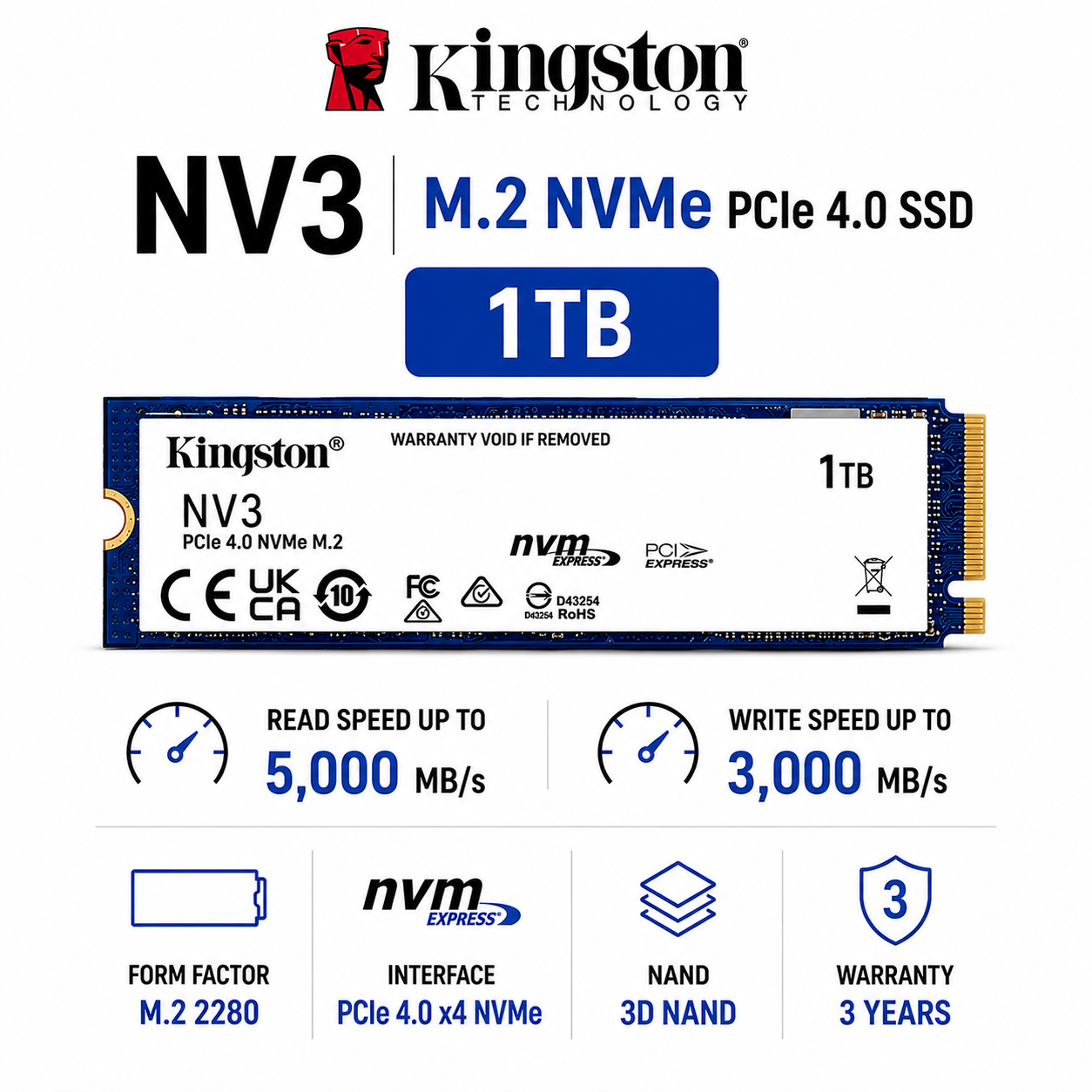 Kingston NV3 M.2 1TB NVMe PCIe 4.0 SSD M.2 (SNV3S/1000G)