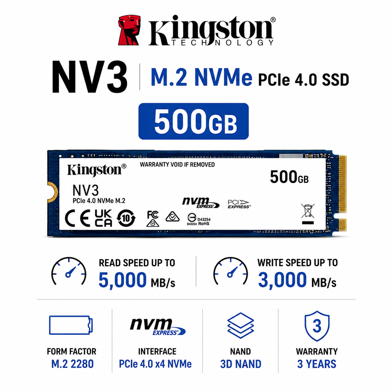 Kingston NV3 M.2 500GB NVMe PCIe 4.0 SSD M.2 (SNV3S/500G)