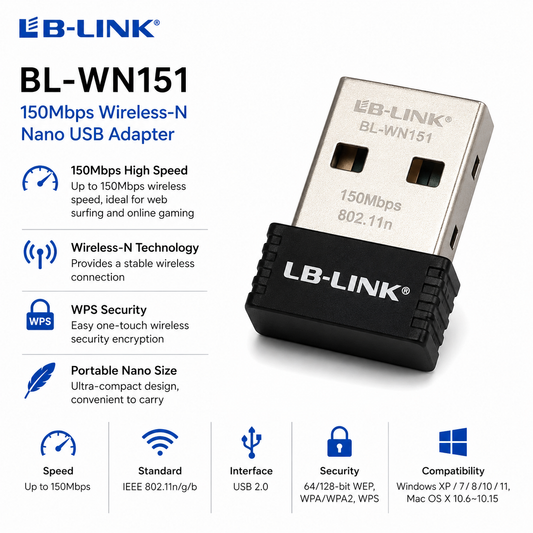 LBLink BL-WN151 150Mbps Wireless-N Nano USB Adapter Wifi Dongle (BL-WN151)