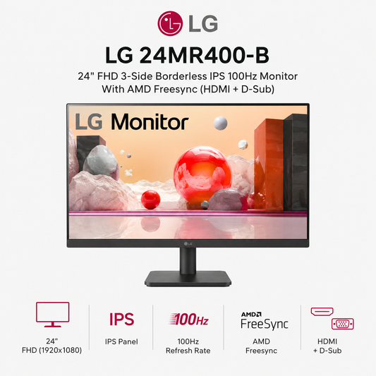 LG 24MR400-B 24" FHD 3-Side Borderless IPS 100Hz Monitor With AMD Freesync (HDMI + D-Sub) (24MR400-B)