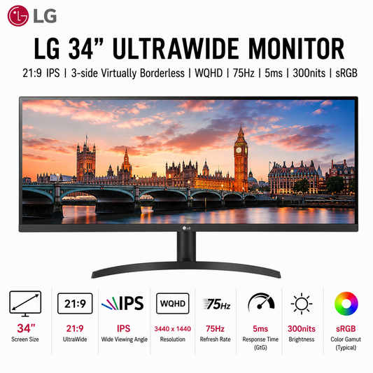 LG 34" 21:9 IPS 3-side Virtually Borderless WQHD 75Hz 5ms 300nits sRGB (34WN780-B)