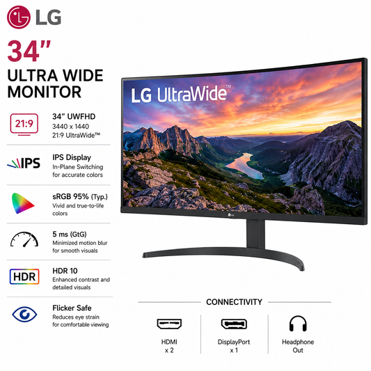 LG 34" UWFHD, IPS,sRGB 95%, 5 ms, HDR 10, Flicker Safe (34WP500-B)
