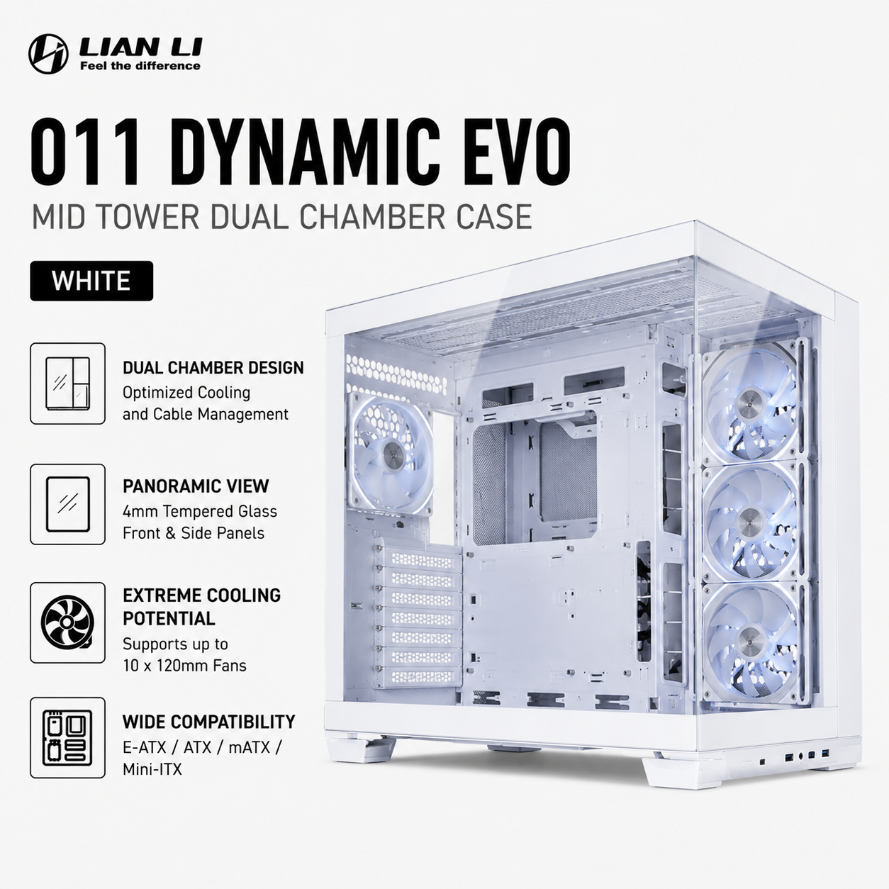 LIAN LI O11 Dynamic Evo Mid Tower Dual Chamber TG Case - White (O11DEW)