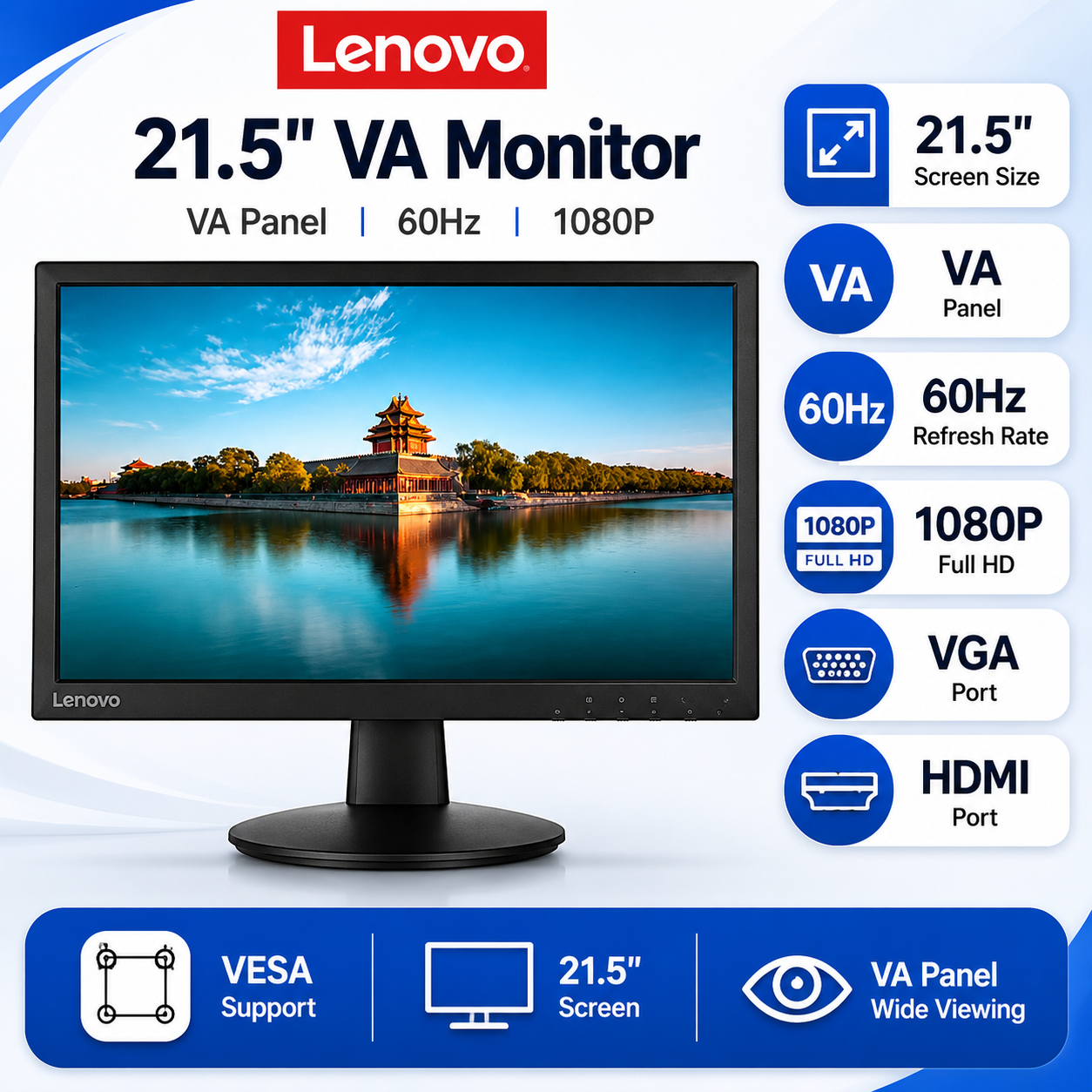 Lenovo D22E-20 21.5" VA 60HZ 1080P VGA HDMI VESA Monitor (D22E-20)