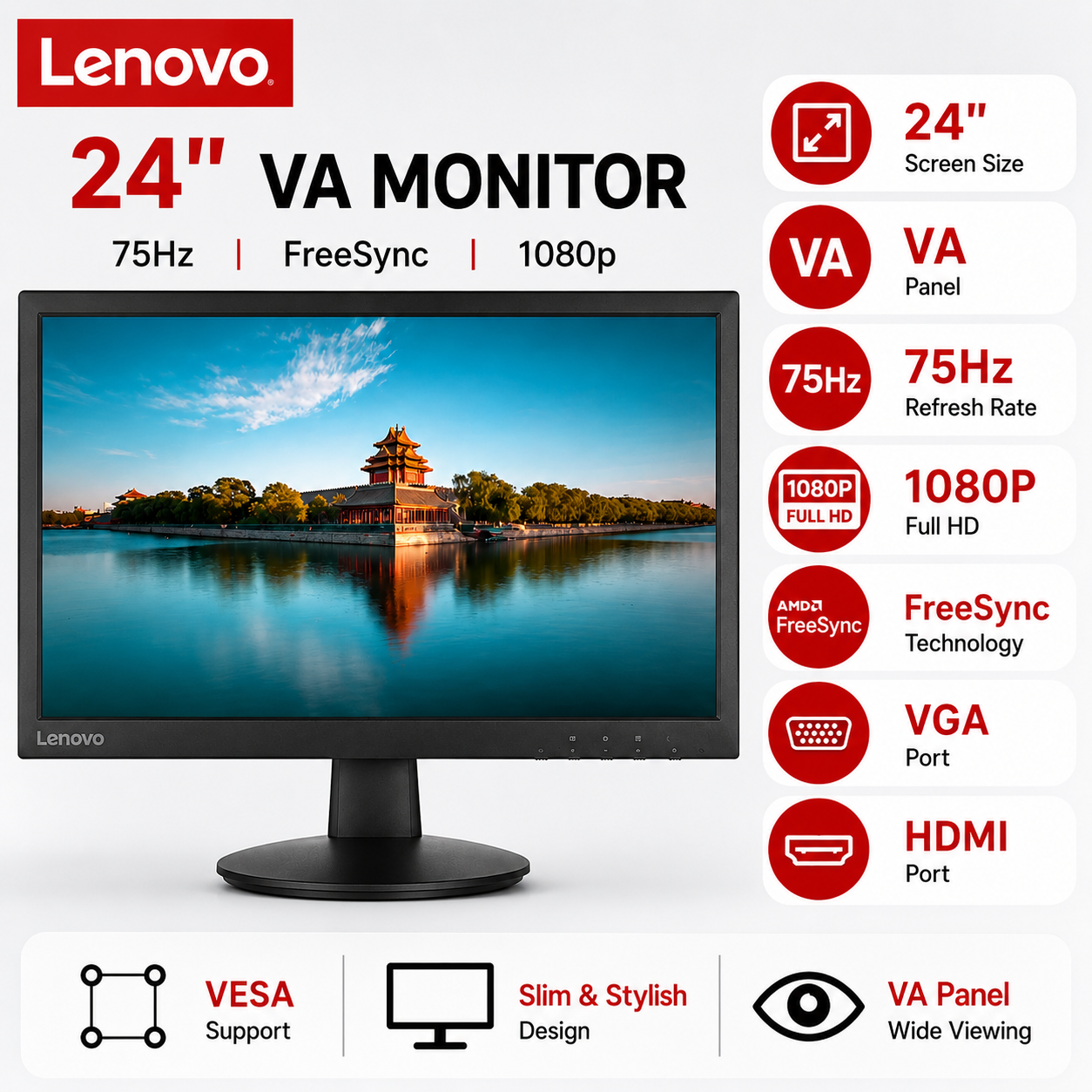 Lenovo D24-40 24" VA 75hz FreeSync 1080p, Vga HDMI, Vesa Monitor (D24-40)