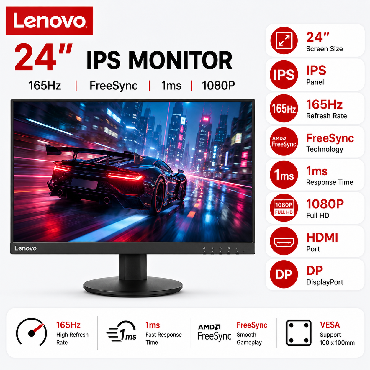 Lenovo G24-20 24" IPS 165hz FreeSync 1080p 1ms, HDMI DP, Vesa (G24-20)