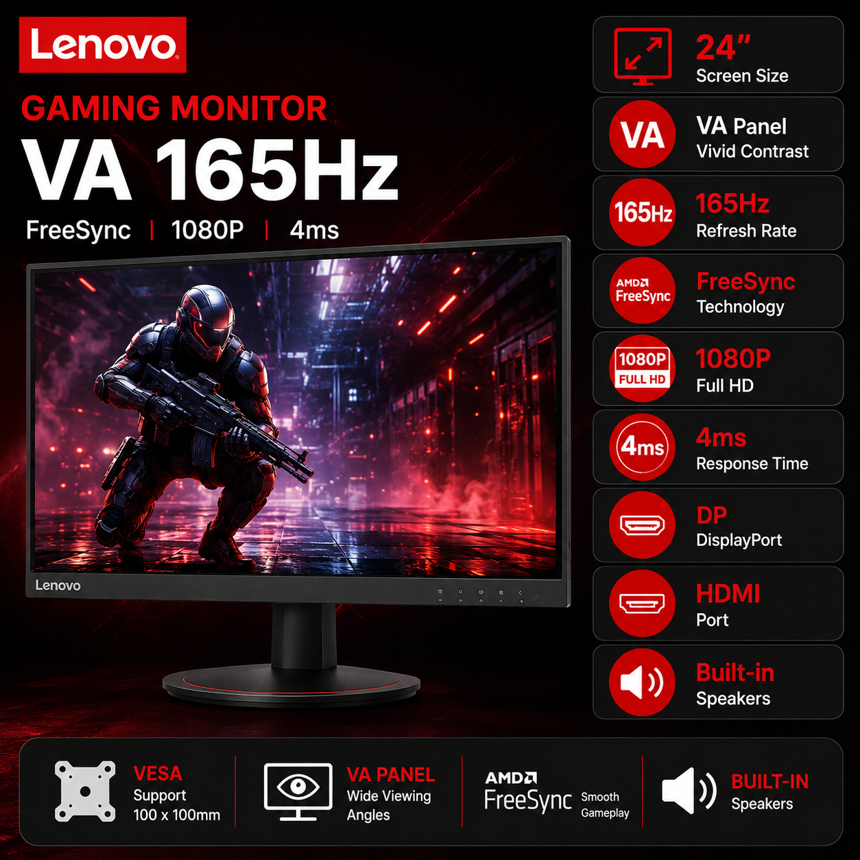 Lenovo Gaming G27-30 27" VA 165hz FreeSync 1080p 4ms, DP HDMI, Spkr, Vesa (G27-30)