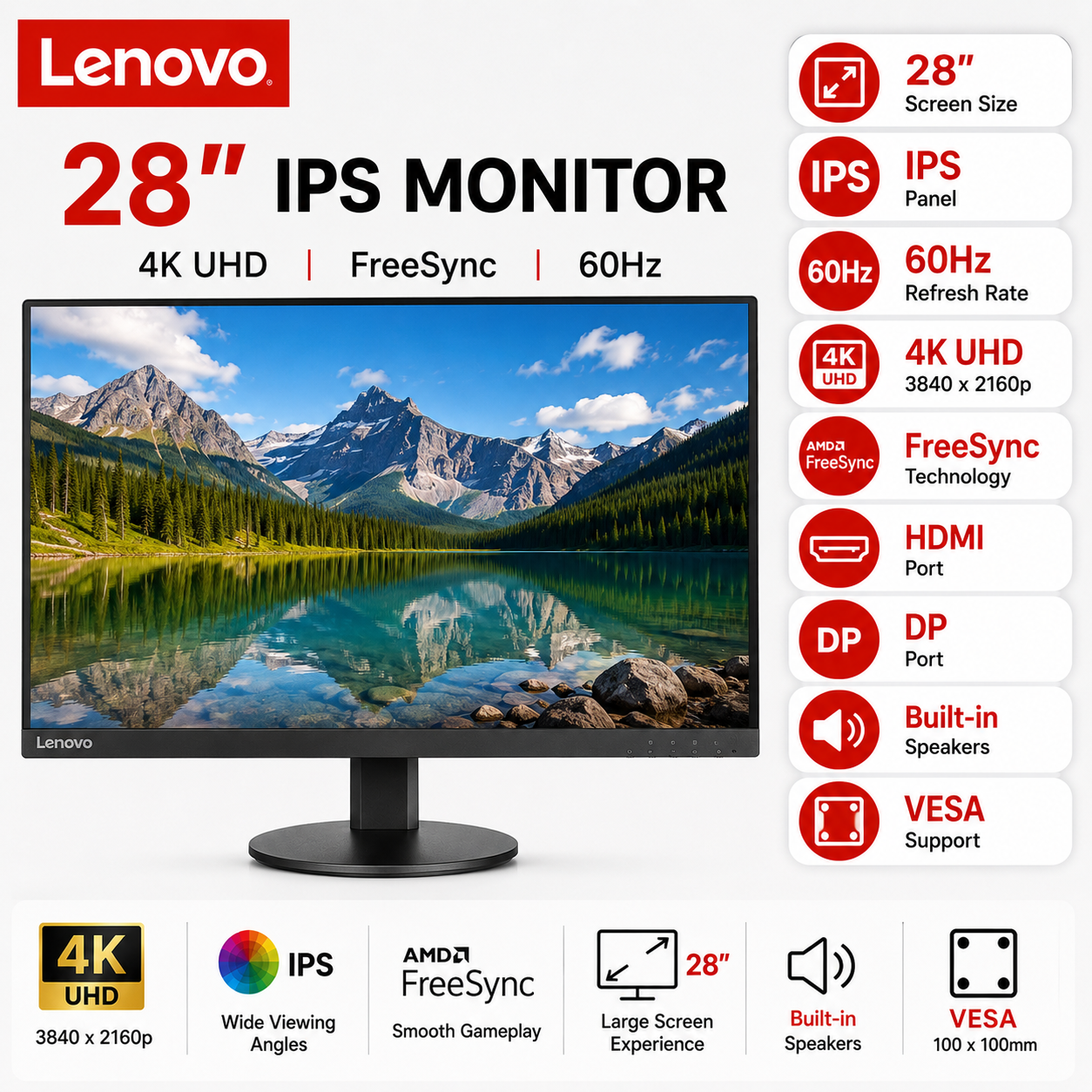 Lenovo L28U-35 28" IPS FreeSync 60hz 4K 3840 X 2160p, HDMI DP, Spkr, Vesa (L28U-35)