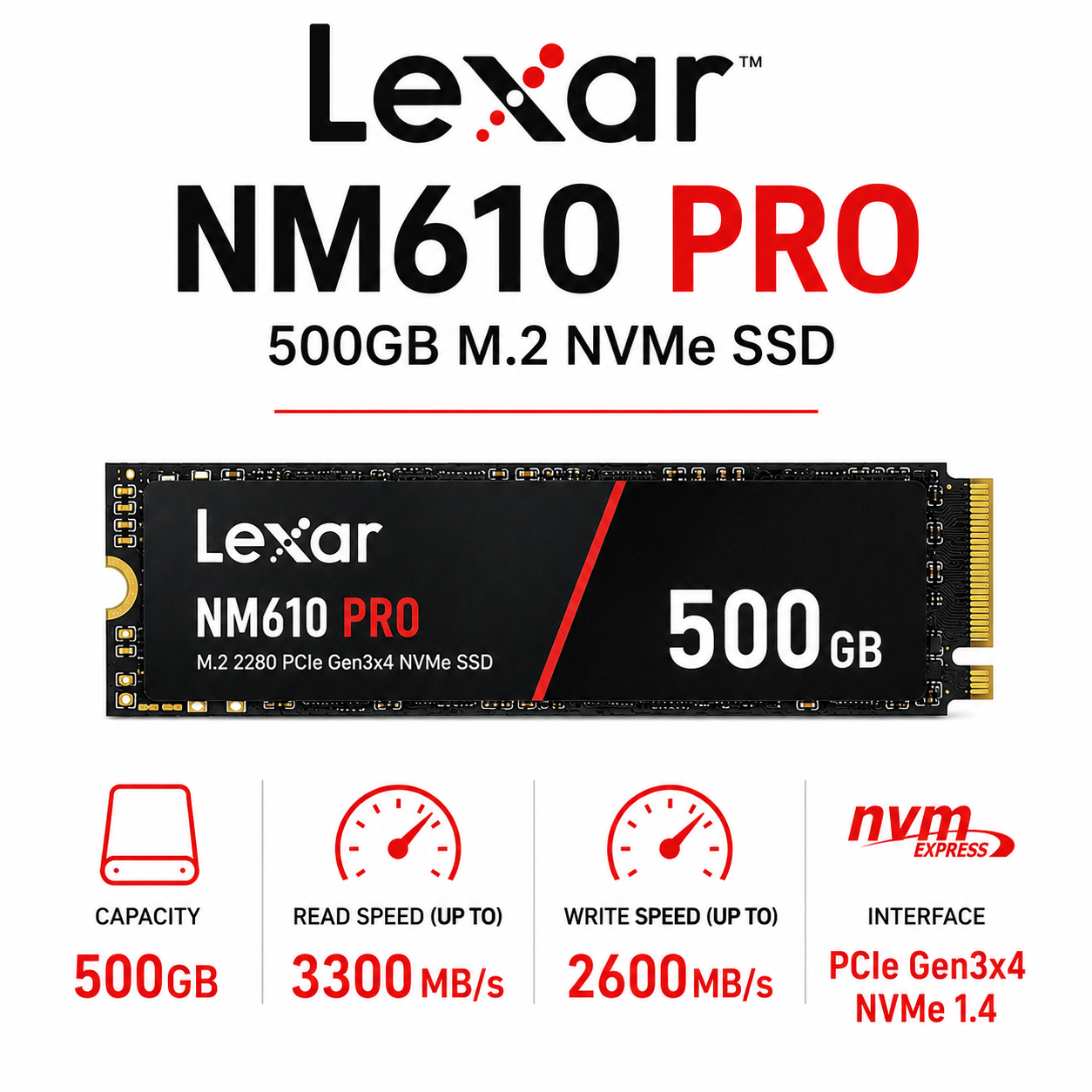 Lexar NM610 Pro 500GB M.2 NVME SSD (LNM610P500G-RNNNG)