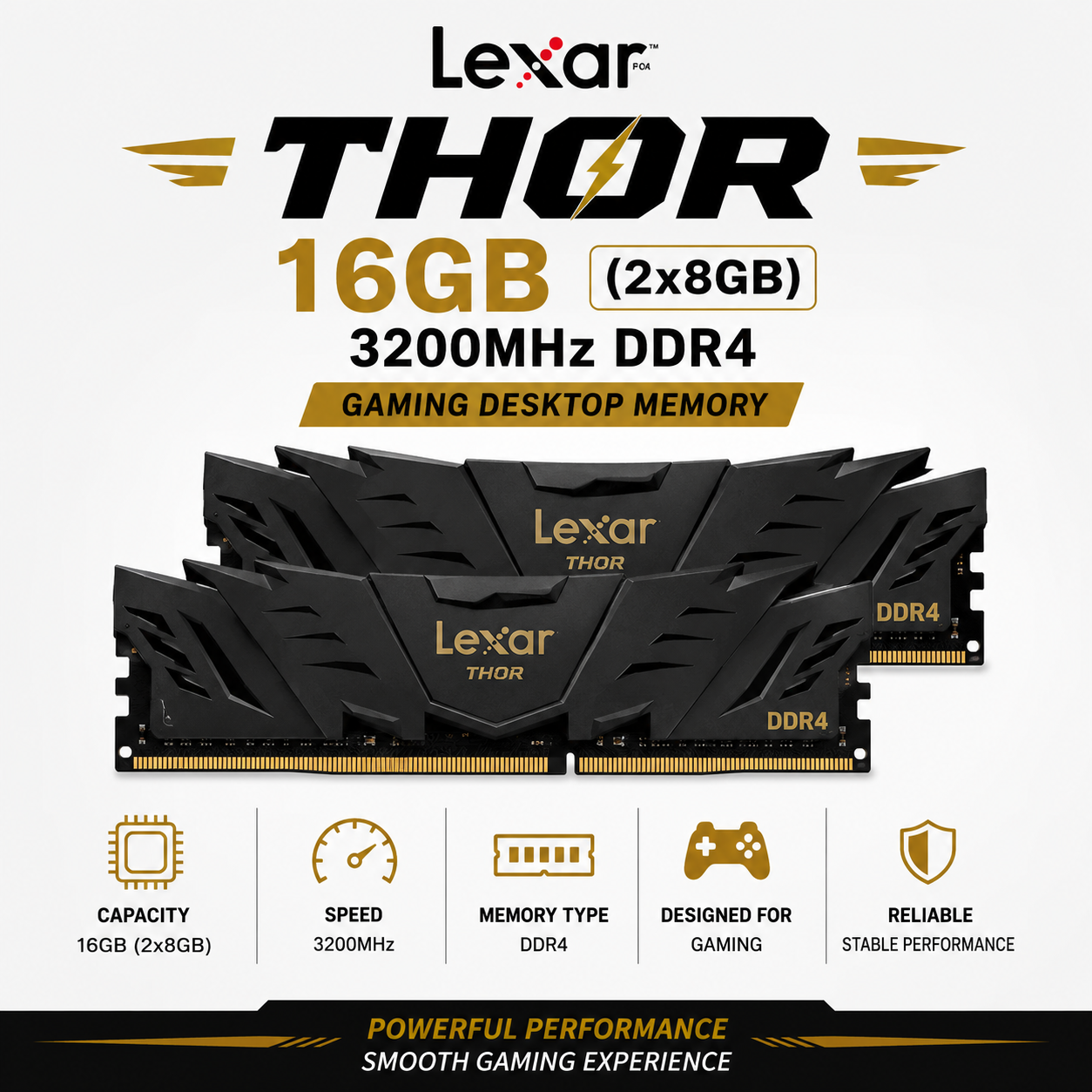 Lexar Thor 16GB (2x8GB) 3200Mhz DDR4 Gaming Desktop Memory black (LD4BU008G-R3200GSXG-2X)