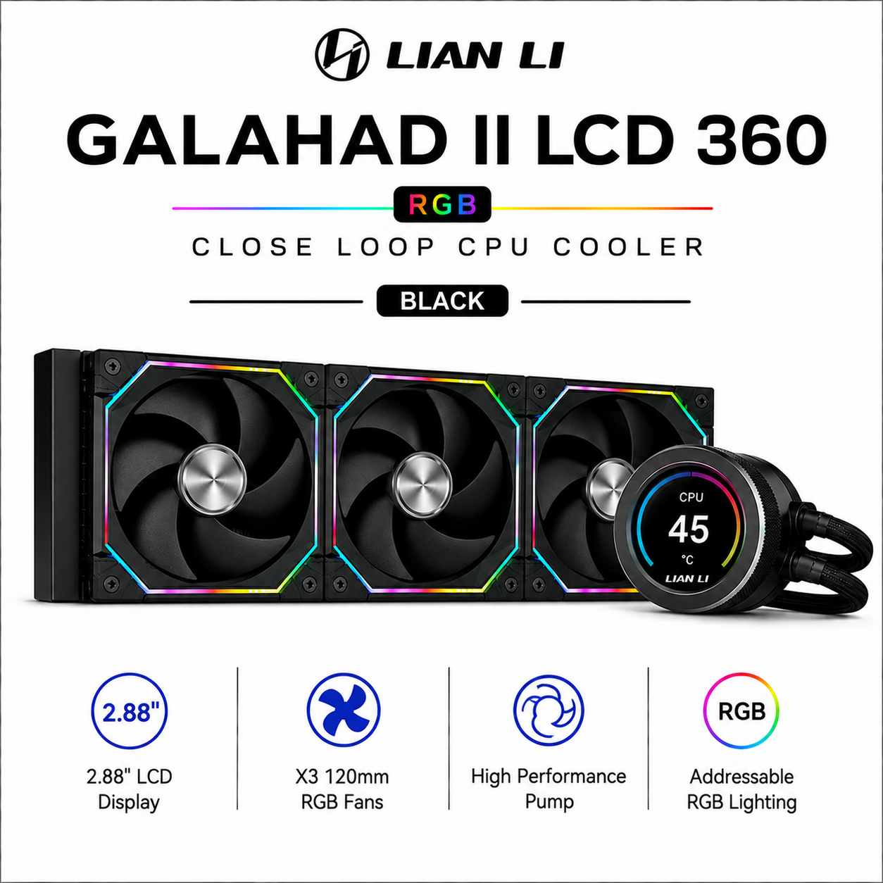 Lian Li Galahad II LCD 360 RGB X3 120MM Close Loop CPU Cooler - Black (GA2ALCD36B)