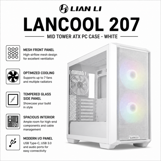 Lian Li Lancool 207 Mid Tower ATX PC Case - White (LANCOOL207RX-WHITE)