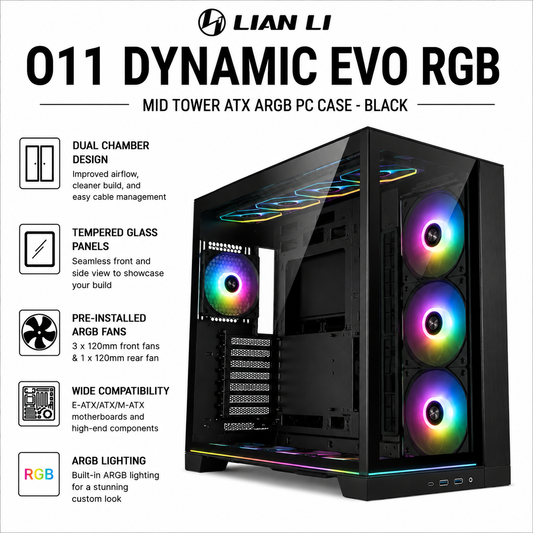 Lian Li O11 Dynamic EVO RGB Mid Tower ATX ARGB PC Case - Black (O11DERGBX)