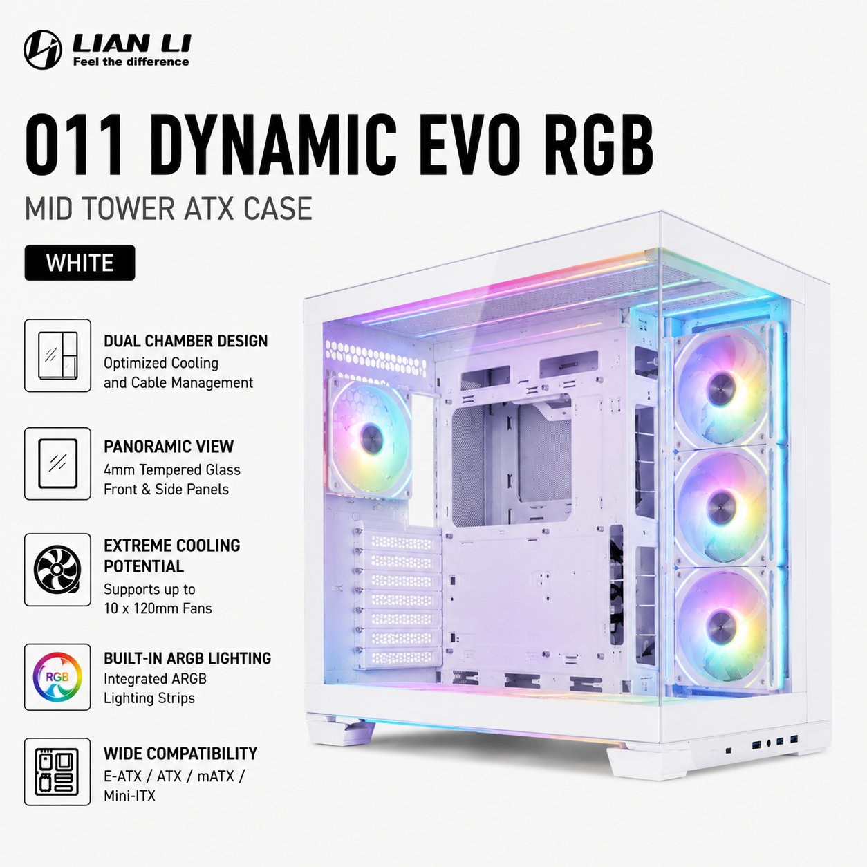 Lian Li O11 Dynamic EVO RGB Mid Tower ATX ARGB PC Case - White (O11DERGBW)