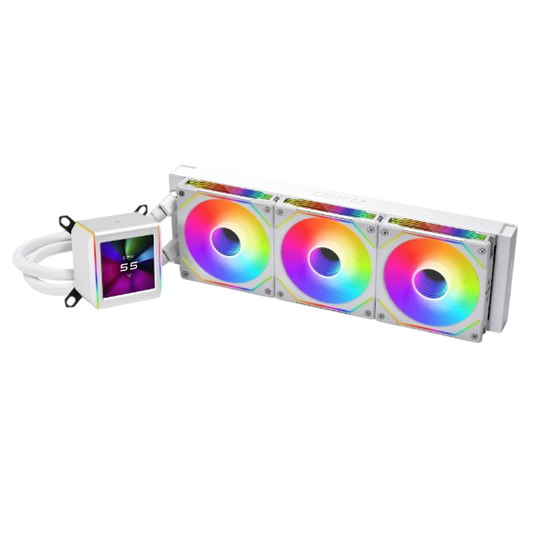 Lian Li Galahad II LCD 360 White SL Infinity - 2.88" IPS LCD Screen w/ 480x480 Resolition, 8th Gen Asetek Pump, Air Flow: 79.9 CFM (Max), Pump Speed: 3600 RPM (Max), Fluid Dynamic Bearing (FDB), Intel: LGA 1700 / 1200 / 115x, AMD: AM5 / AM4