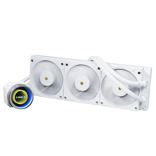 Lian Li Galahad II Trinity Performance 360mm White - 2.88" LCD Screen (480x480 Res), Fluid Dynamic Bearing (FDB), Static Pressure: 3.26mm H2O Max, Airflow: 79.9CFM, Fan Speed: 3200 rpm, Intel: LGA 1700 / 1200 / 115x & AMD: AM5 / AM4