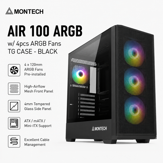 MONTECH AIR 100 ARGB w/4pcs ARGB Fans TG Case - Black (AIR-100-ARGB-B)