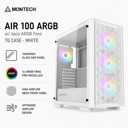MONTECH AIR 100 ARGB w/4pcs ARGB Fans TG Case - White (AIR-100-ARGB-W)