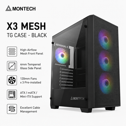 MONTECH X3 Mesh TG Case - Black (X3-MESH-BLACK)