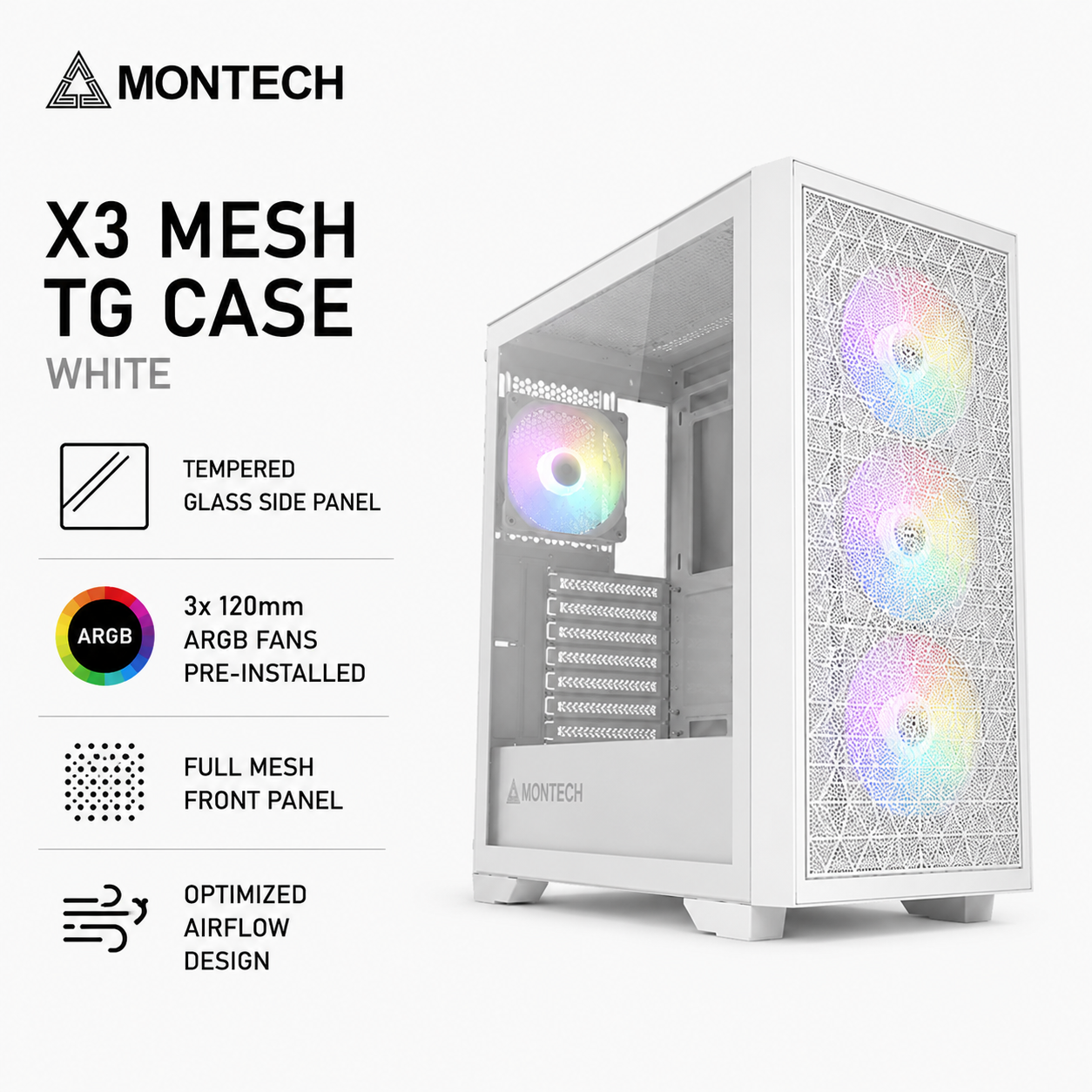 MONTECH X3 Mesh TG Case - White (X3-MESH-WHITE)