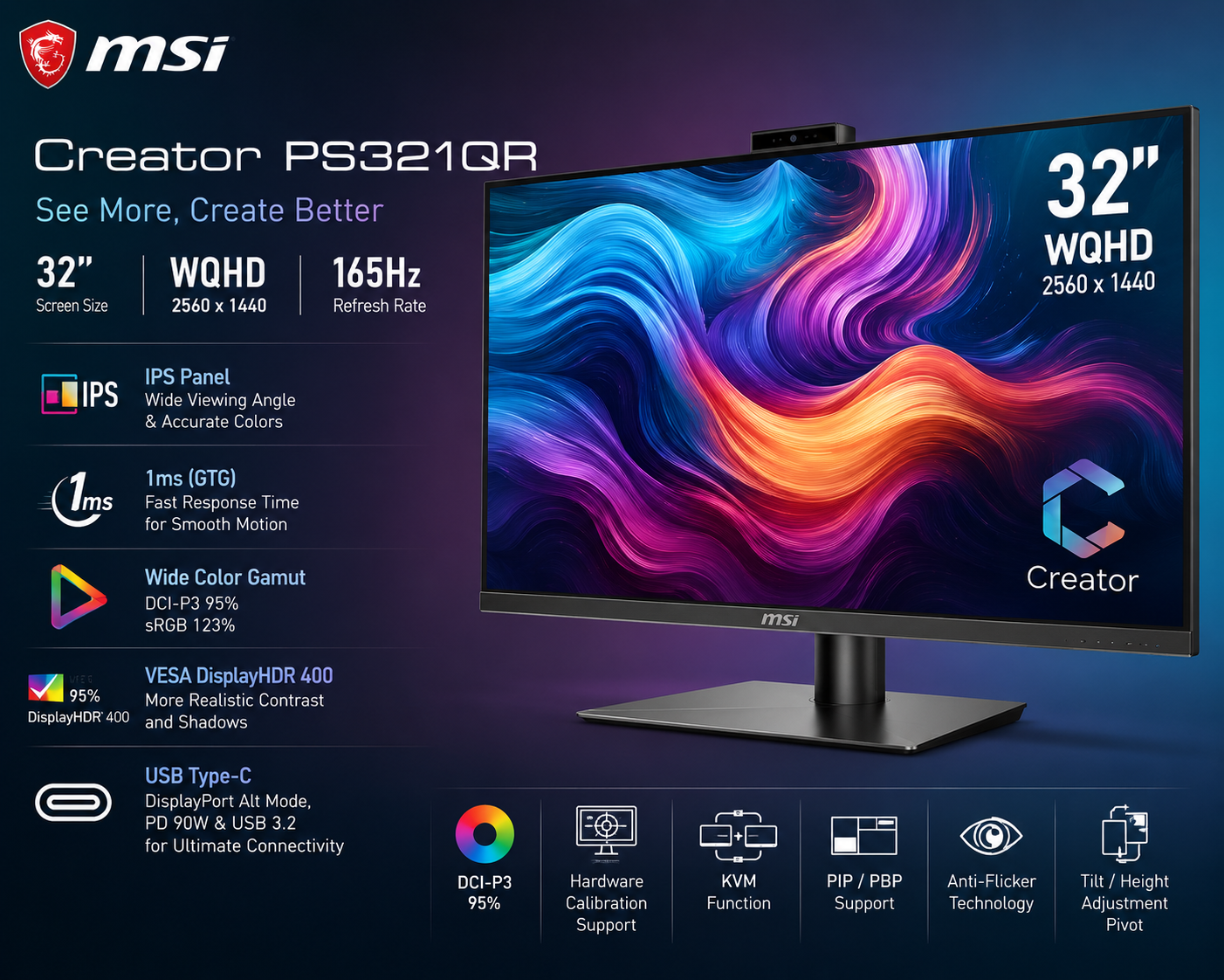 MSI Creator PS321QR 32″ 2560 x 1440 WQHD 165Hz 1ms Monitor (PS321QR)