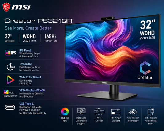 MSI Creator PS321QR 32″ 2560 x 1440 WQHD 165Hz 1ms Monitor (PS321QR)