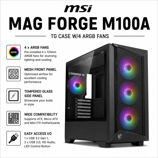 MSI MAG FORGE M100A TG CASE W/4 ARGB FANS (MAG-FORGE-M100A)