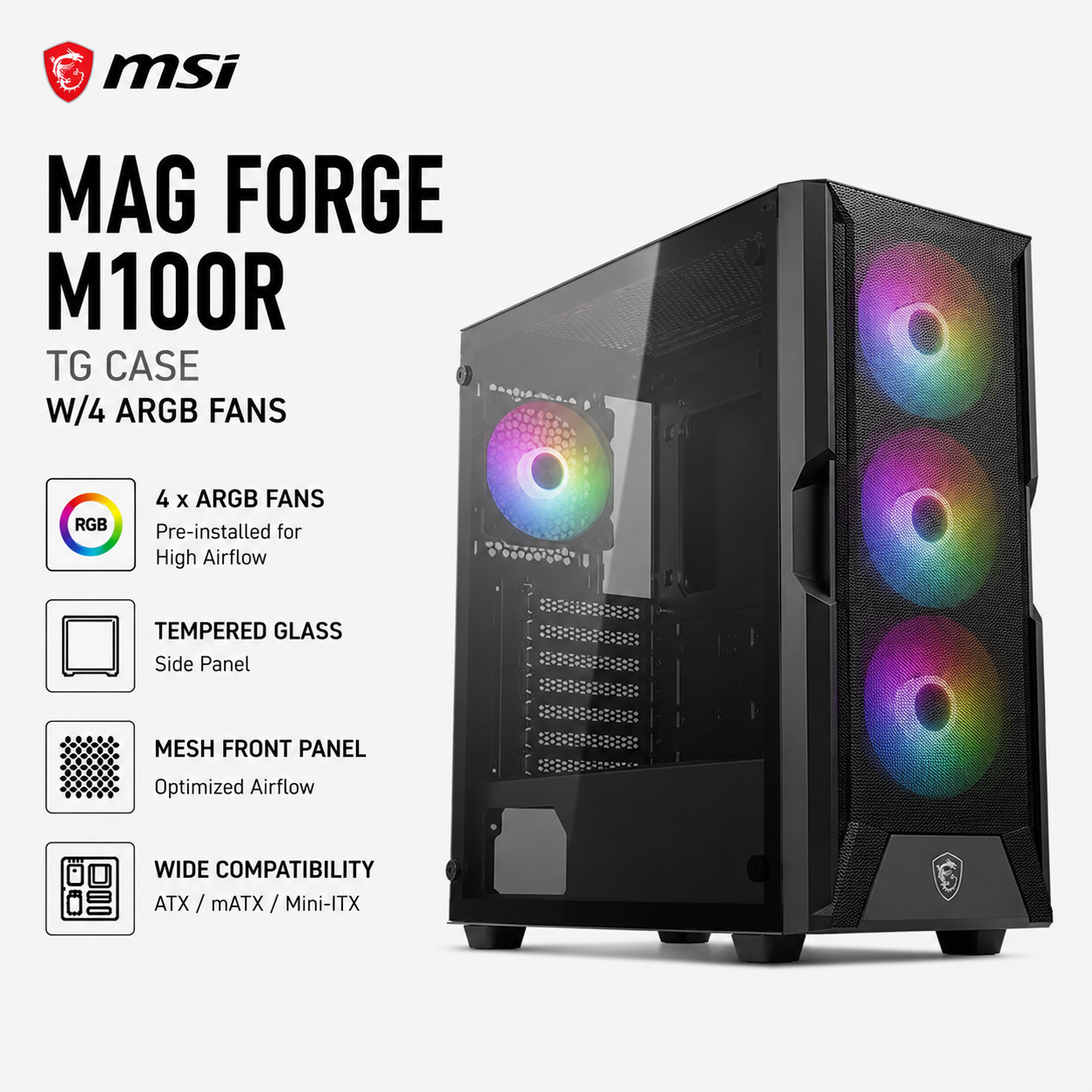 MSI MAG FORGE M100R TG CASE W/4 ARGB FANS (MAG-FORGE-M100R)