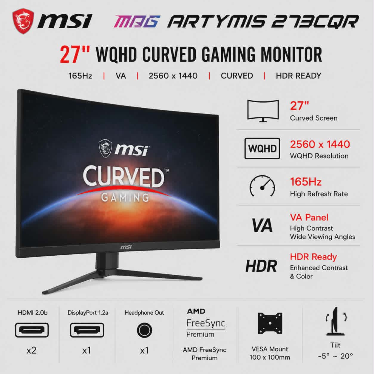 MSI MPG ARTYMIS 273CQR 27" 16:9 WQHD 165Hz Curved VA LCD HDR Gaming Monitor (MPG273CQR)