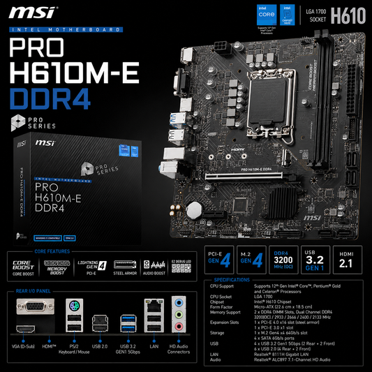 MSI Pro H610M-E DDR4 Motherboard (PRO-H610M-E-DDR4)