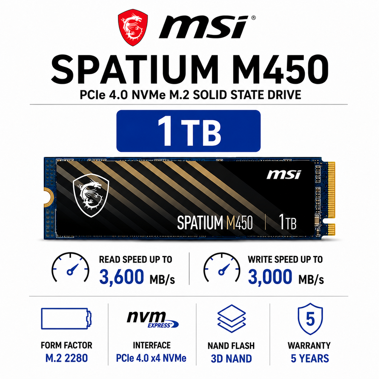 MSI SPATIUM M450 PCIe 4.0 NVME M.2 1TB (S78-440L690-P83)