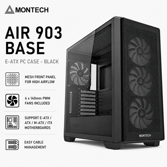 Montech AIR 903 BASE E-ATX With 4 PWM Fans Pc Case Black (AIR-903-BASE-BLACK)