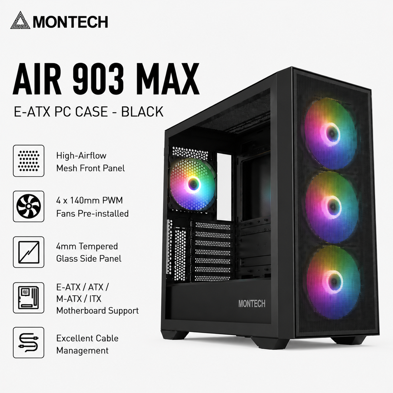 Montech AIR 903 MAX E-ATX With 4 PWM Fans Pc Case Black (AIR-903-MAX-BLACK)