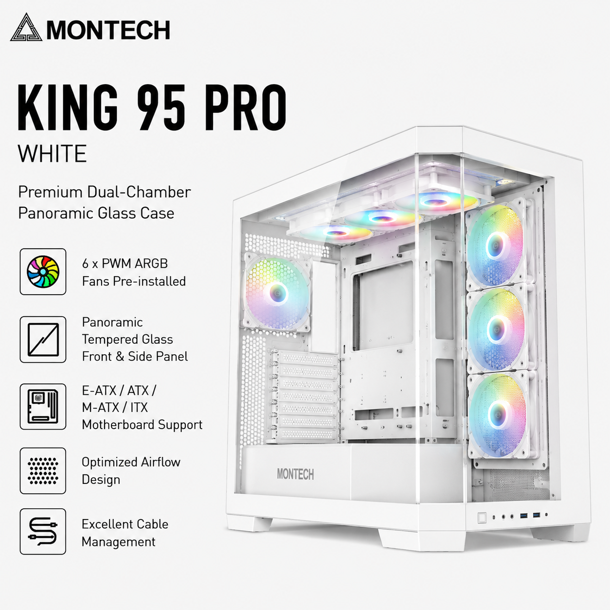 Montech King 95 Pro with 6 PWM ARGB fans Case - White (KING95-PRO-WHITE)