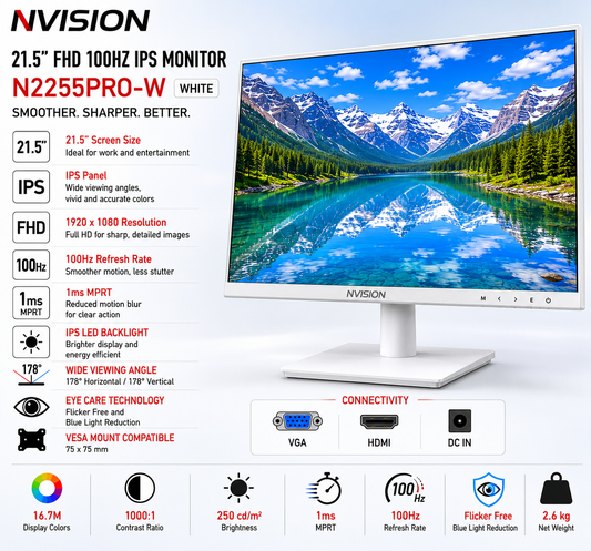 NVISION 21.5" FHD 100HZ IPS Monitor N2255PRO-W White (N2255PRO-W)