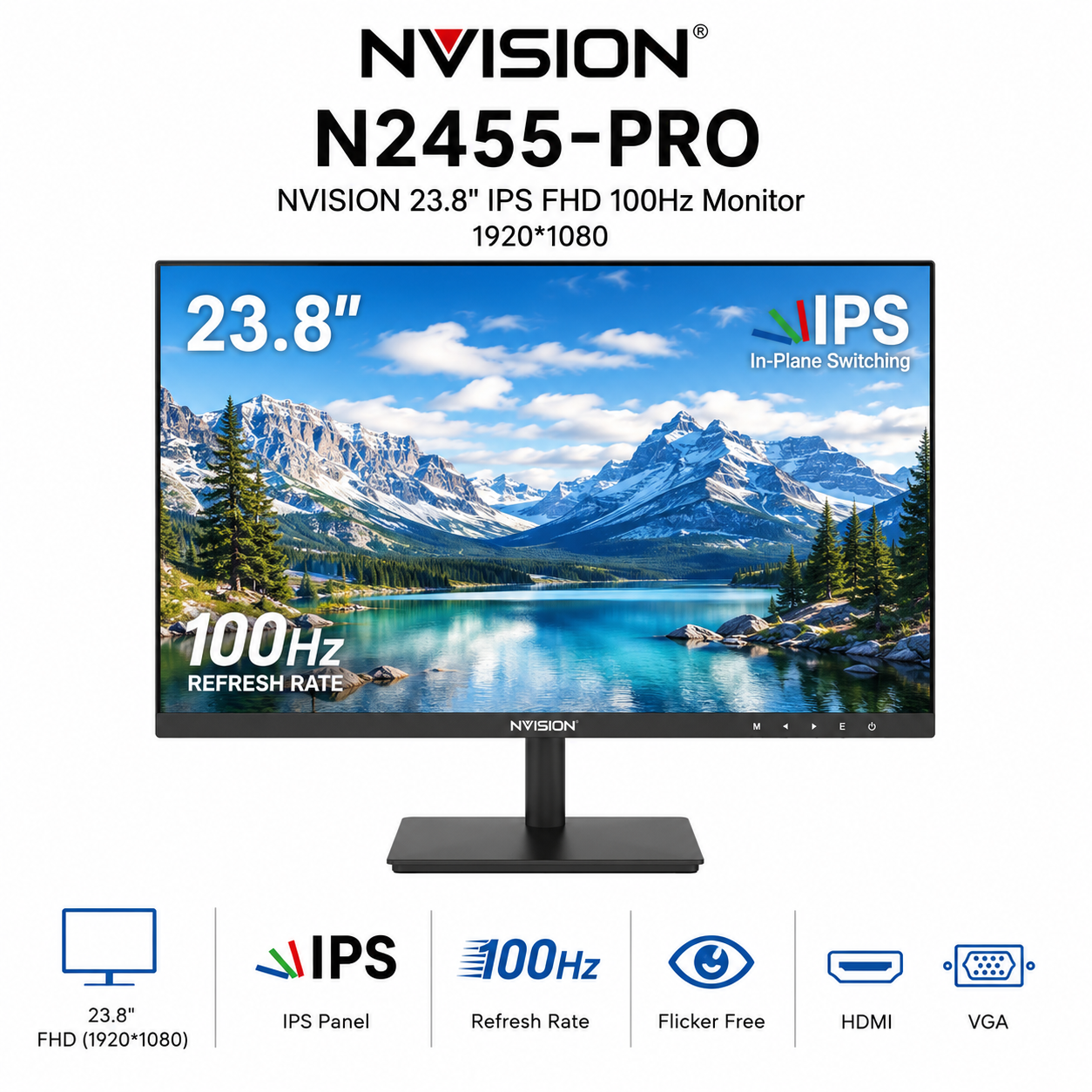 NVISION 23.8" IPS FHD 100Hz Monitor 1920*1080 N2455-Pro Black (N2455PRO-B)