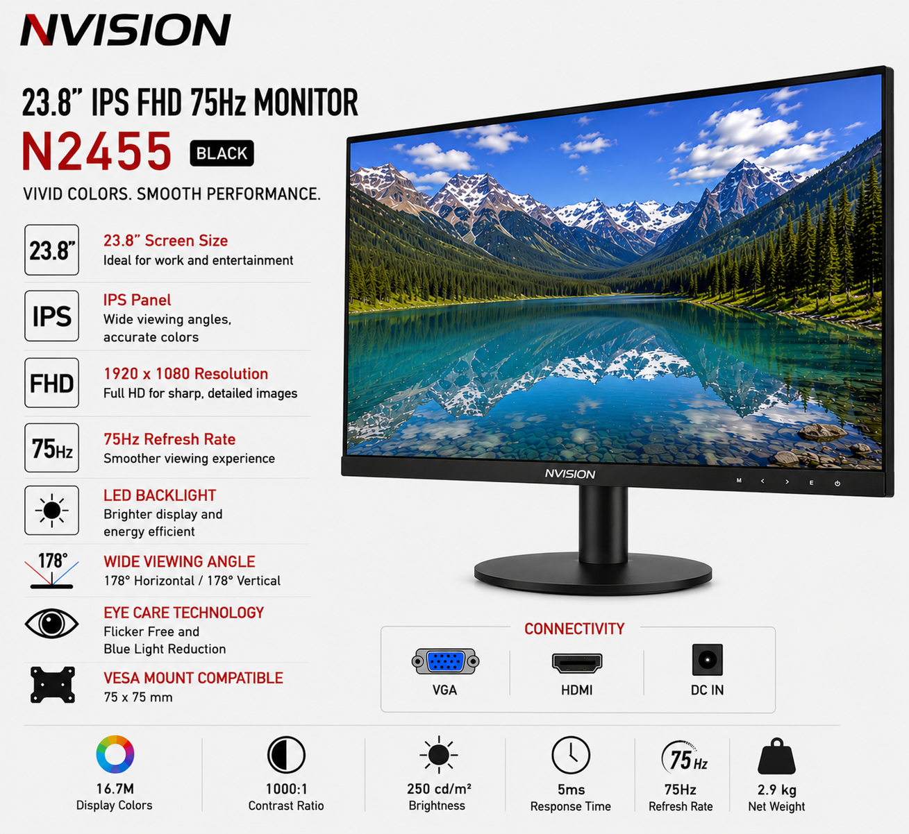 NVISION 23.8" IPS FHD 75Hz Monitor N2455 Black (N2455-B)