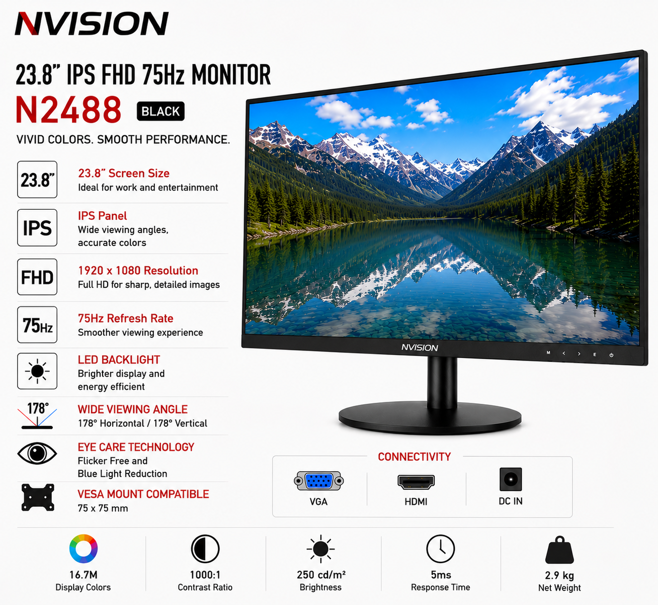 NVISION 23.8" IPS FHD 75Hz Monitor N2488 Black (N2488-B)