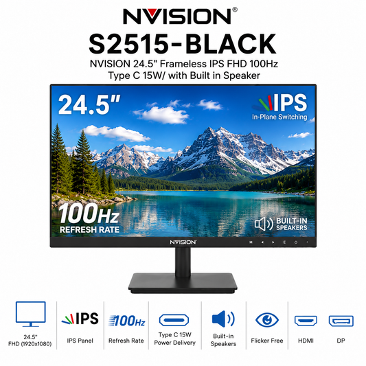 NVISION 24.5" Frameless IPS FHD 100Hz Type C 15W/ with built in Speaker S2515- Black (S2515-TYPEC-B)