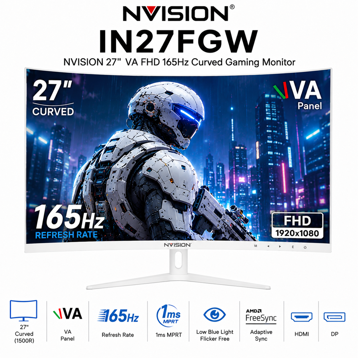 NVISION 27" VA FHD 165Hz Curved Gaming Monitor| IN27FGW White (IN27FGW-WHITE)
