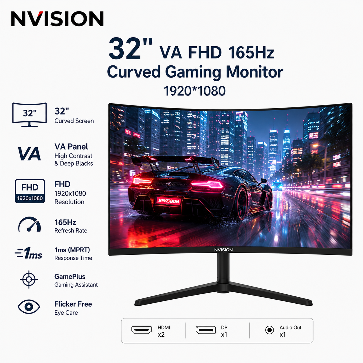 NVISION 32" VA FHD 165Hz Curved Gaming Monitor 1920*1080 Black (ES32G2)