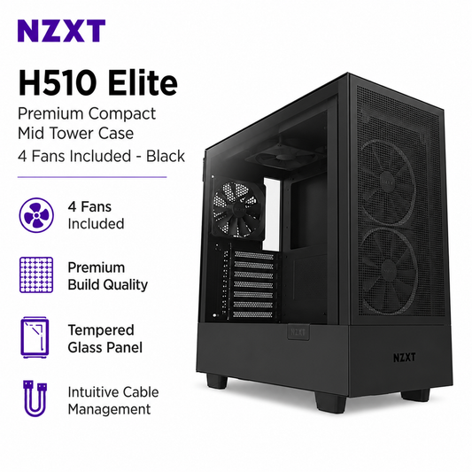 NZXT H510 Elite Premium Compact Mid Tower Case 4fans Incuded - Black (CA-H510E-B1)